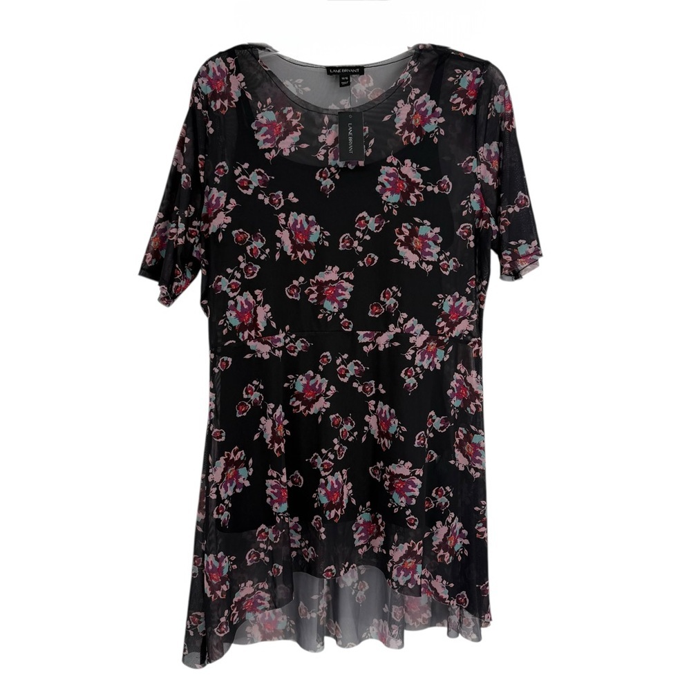 Lane Bryant NWT Semi Sheer Blouse Top Size 14/16 Floral Boho Short Sleeve Black